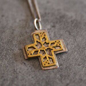Vintage Taxco .925 Sterling Cross Mixed Metal Cross Necklace